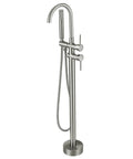 Freestanding Tub Faucet With Hand Shower In Brushed Nickel Floor Mounted Bathtub Filler Set With Dual Handles smooth spout