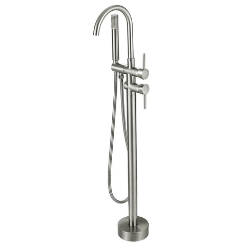 Freestanding Tub Faucet With Hand Shower In Brushed Nickel Floor Mounted Bathtub Filler Set With Dual Handles smooth spout