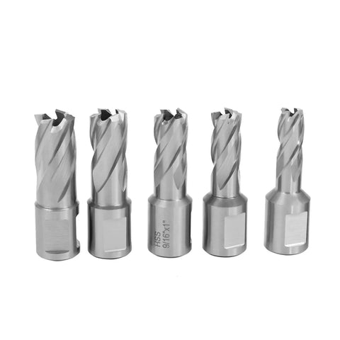 Five HSS annular cutters from Built Tough Hss Annular Cutter Set, 9/16x1 inch size, ideal for magnetic drill presses and metal cutting.