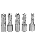 All Purpose Rugged 13 Pc Hss Annular Cutter Set 1 Inch Cut Depth Mag Drill Bits Kit For Magnetic Drill Press Pro Grade showing five HSS drill bits.