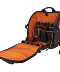 Heavy Duty Jobsite Ready Workhorse Tool Backpack with 21 Pockets and orange interior viewed open showing compartments for electricians.