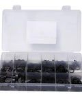 450 Piece Semicircle Key Spring Pin E Clip Kit For DIY Projects And Home Workshop Repairs Versatile Assortment In Sizes 2.5mm To 6mm With Plenty Of Each Size For Your Garage Or Shop. plastic organizer case with assorted black metal clips, 2.5mm to 6mm