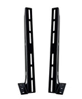 STILEALUS steel amplifier rack rails, front view, two black powder-coated rails with mounting flanges