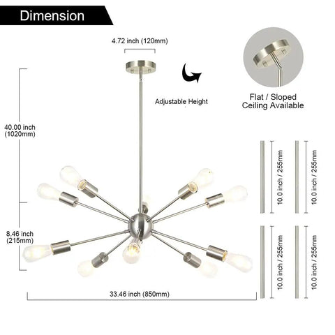 Sputnik Chandelier Lighting Dope 10 Light Modern Starburst Pendant Ceiling Fixture With Brushed Nickel Finish dimensions