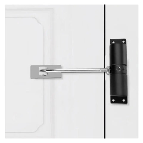Spring Loaded Self Closing Gate Hinges For Gardens And Fences With Quiet Soft Closing Weatherproof Black Outdoor Gate Hardware Durable Spring Mechanism Easy Install For Sheds And Yard Gates mounted on white door