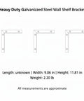 Diagram of three L-shaped galvanized steel shelf brackets with measurements; Heavy Duty L Shaped Galvanized Steel Shelf Bracket Wall Mount For Garage And Workshop Storage Built To Haul Heavy Shelves And Tools Stud Friendly Rust Resistant Easy Install And Ultra Strong Support