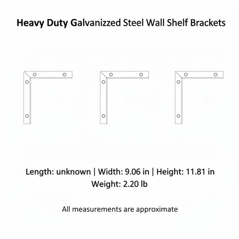 Diagram of three L-shaped galvanized steel shelf brackets with measurements; Heavy Duty L Shaped Galvanized Steel Shelf Bracket Wall Mount For Garage And Workshop Storage Built To Haul Heavy Shelves And Tools Stud Friendly Rust Resistant Easy Install And Ultra Strong Support