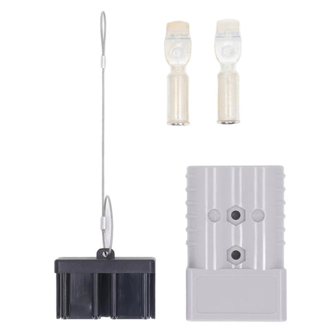 Heavy Duty 350 Amp 600 Volt Forklift Battery Connector And Jumper Plug For Towing Winch And Electric Charging components including black clip and connectors.