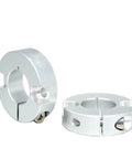 Solid Rock Aluminum Alloy Fixed Ring Counterbore Double Hole Shaft Collar Ideal For Heavy Duty Machinery As Spacer Or Mechanical Stop With Single Split Clamp Locks Tight To Prevent Slippage So Your Gear Stays Locked And Loaded Like It Should Be., silver aluminum split shaft collar with counterbore hole, shown from two angles