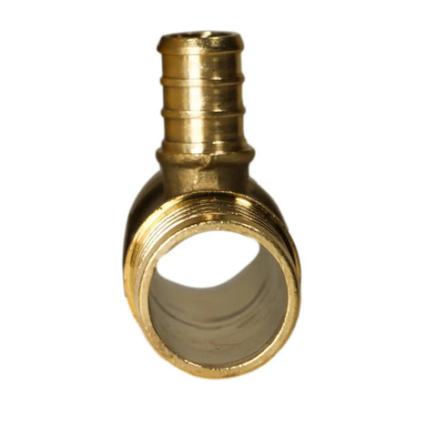 Brass PEX Tee Crimp Fitting 1 Inch By 1 Inch By Half Inch For PEX B Pipe close-up view showing inlet and outlet