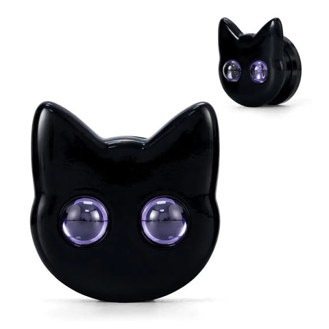 Black Cat Ear Gauges 5/8 Inch Stainless Steel Ear Tunnels With Dope Cartoon Cat Design And Purple Eyes For Standout Piercings