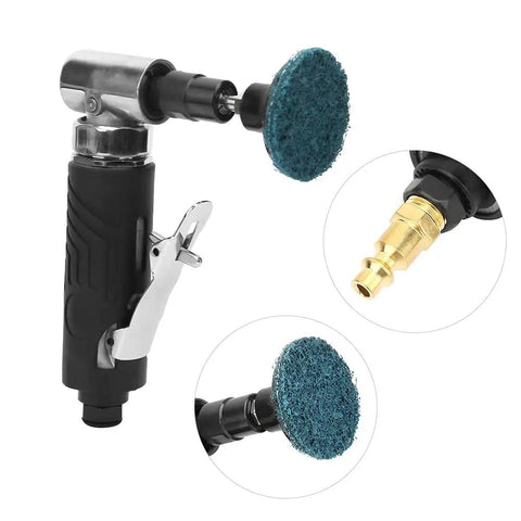 90 Degree Angle Die Grinder 20000 RPM Pneumatic Air Tool with blue abrasive pad and comfortable grip for precision polishing.