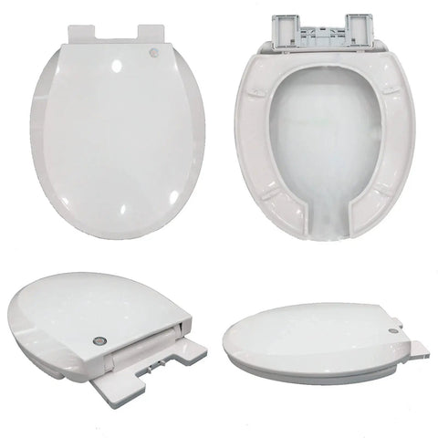 Commercial Round Open Front Toilet Seat With Smooth Soft Close Lid And Rock Solid Quick Release Hinges For No Sweat Cleaning And White Plastic Comfort In Any Professional Setup - Multiple angles displayed.