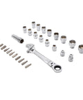 19 Piece Pass Through Socket Set With Ratchet And Extension, Metric Spline Wrenches For Long Bolts, heavy duty chrome sockets arranged neatly.