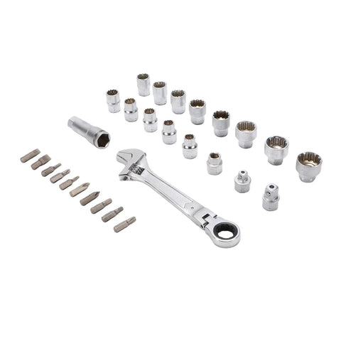 19 Piece Pass Through Socket Set With Ratchet And Extension, Metric Spline Wrenches For Long Bolts, heavy duty chrome sockets arranged neatly.