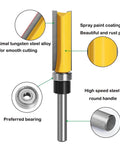 Flush Trim Router Bit Set With Top Bearing Four Piece Kit One Quarter Inch Shank Cutting Lengths Half Inch Three Quarter Inch One Inch And One Half Inch Template Guide For Woodworking Milling Cutter Tool For Plywood Hardwood Softwood, close-up view of router bit showing tungsten steel alloy blade and bearing.