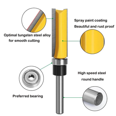 Flush Trim Router Bit Set With Top Bearing Four Piece Kit One Quarter Inch Shank Cutting Lengths Half Inch Three Quarter Inch One Inch And One Half Inch Template Guide For Woodworking Milling Cutter Tool For Plywood Hardwood Softwood, close-up view of router bit showing tungsten steel alloy blade and bearing.