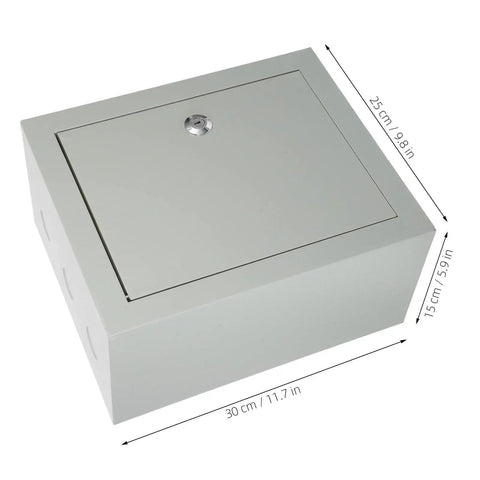Front view of Weatherproof Outdoor Electrical Junction Box With Beefy Rugged Iron Enclosure And Mounting Plate, dimensions shown