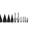 Tough As Nails 11 Piece Firewood Splitting Drill Bit Set With Heavy Carbon Steel Cone Bits In 32mm 38mm 45mm And 50mm For Power Drills Rip Through Logs Fast, showcasing various cone bits and shanks.