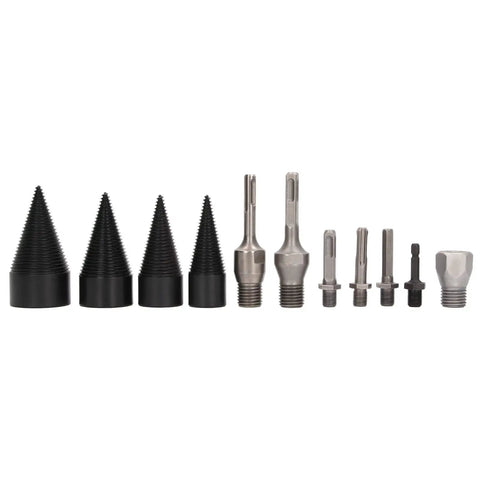 Tough As Nails 11 Piece Firewood Splitting Drill Bit Set With Heavy Carbon Steel Cone Bits In 32mm 38mm 45mm And 50mm For Power Drills Rip Through Logs Fast, showcasing various cone bits and shanks.