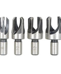 8 Piece Heavy Duty Carbon Steel Wood Plug Cutter Set With Four Tooth Chamfered Bits, showcasing four drill bits for woodworking.