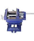Ironclad 5 Inch Cross Slide Vise For Drill Press And Milling Machines Ultra Heavy Duty XY clamp with serrated jaws on a work table.