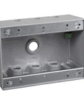 Three-Gang Weatherproof Metal Box With Seven Half Inch Outlets Gray Finish Built Tough For Quick Outdoor Ready Installations Includes Closure Plugs Ground Screw And Mounting Hardware