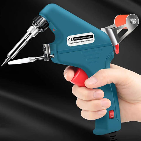 Hand holding 60W Handheld Soldering Iron With Automatic Tin Feeding Soldering Gun For DIY Electronics And Home Repair Fast Heating Ceramic Core Lead Free Tip Anti Oxidation Portable Welding Tool.