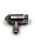 Waterjet spare parts IDE PRO assembly, side view of metal right-angle adapter with knurled grip.