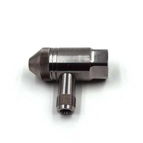 Waterjet spare parts IDE PRO assembly, side view of metal right-angle adapter with knurled grip.