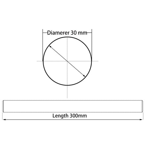 Diagram showing dimensions of Beefy 30mm x 300mm Linear Motion Rod With Case Hardened Chrome Shaft for precision use.