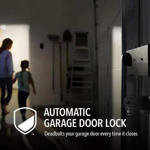 Slick Wall Mounted Smart Garage Door Opener With Rock Solid Battery Backup Ultra Silent Direct Drive Motor Built In Bright Led Light And Crisp Phone Control For Clutter Free Garages And No Hassle Setups in a dimly lit garage with family.