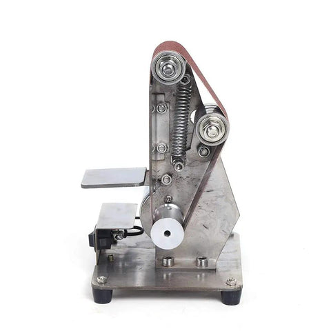 Hella Smooth Dual Bearing Mini Bench Belt Sander Including Ten Premium Sanding Belts For Polishing Grinding And Workshop Professional Tool Sharpening At Variable Speeds, front view showing steel structure and sanding belt.