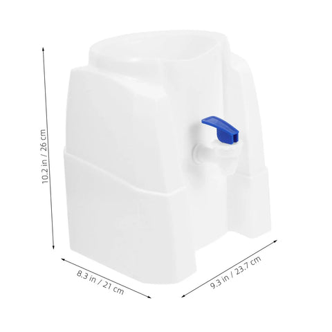 Portable Desktop Water Dispenser For Camping, Office And Home showcasing dimensions with white design and blue tap