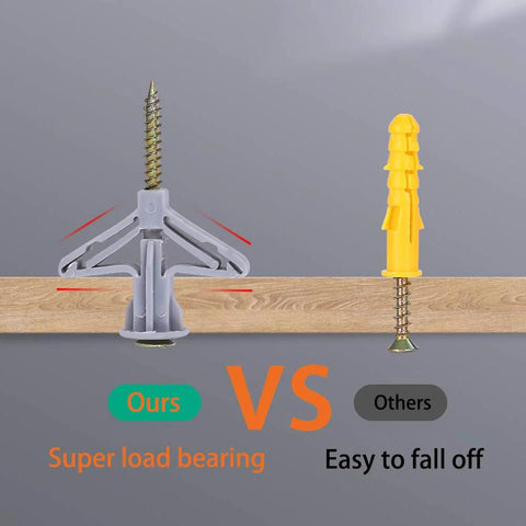 Comparison of self drilling hollow wall anchor kit with screws for drywall and plaster grey plastic anchors and yellow anchors.