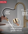Modern Brushed Gold Kitchen Faucet With Pull Down Sprayer And Single Handle Slick Champagne Bronze Finish Smooth Glide Cartridge No Fuss Single Hole Setup with retractable hose and 360° swivel feature.