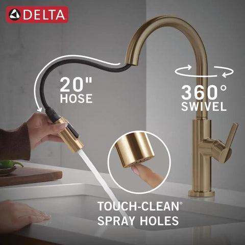 Modern Brushed Gold Kitchen Faucet With Pull Down Sprayer And Single Handle Slick Champagne Bronze Finish Smooth Glide Cartridge No Fuss Single Hole Setup with retractable hose and 360° swivel feature.