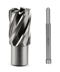 Heavy Duty HSS Annular Cutter Drill Bits With Weldon Shank features a large cutter and alignment pin for precision metalwork.