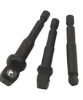 Get A Durable Chrome Vanadium Socket Adapter Kit That Fits Your Electric Drill For Quick Fixes And DIY Projects With Secure 1/2 3/8 And 1/4 Inch Versatile Drive Adaptors Built Tight For Real Tough Stuff. 3-piece chrome vanadium drill socket adapter set, black steel, angled view