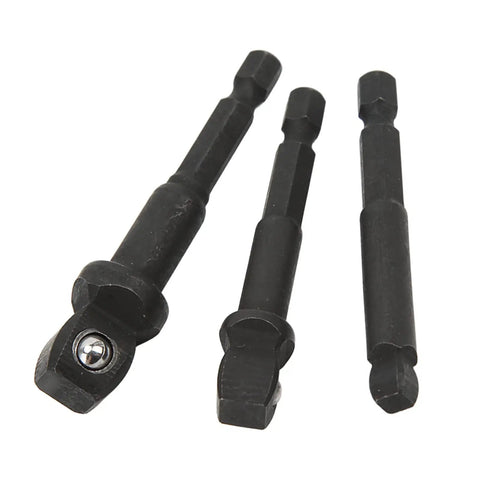 Get A Durable Chrome Vanadium Socket Adapter Kit That Fits Your Electric Drill For Quick Fixes And DIY Projects With Secure 1/2 3/8 And 1/4 Inch Versatile Drive Adaptors Built Tight For Real Tough Stuff. 3-piece chrome vanadium drill socket adapter set, black steel, angled view