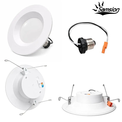 Samsion Smooth Reflector Trim Retrofit Kit, 6 Inch Dimmable LED 5CCT Downlight features smooth round panel and wiring components.