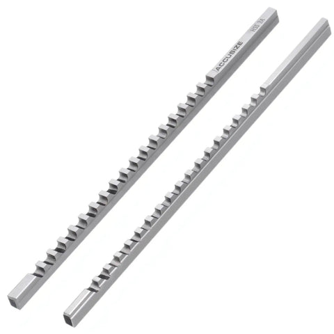 Two broaches from the No Frills 60 Metric HSS Keyway Broach Set In Fitted Box With 2mm And 3mm Keyways Bore Sizes 6 8 10mm.