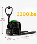 Raelon F4 Electric Pallet Jack With 3300 Lb Capacity And Quick Swap Lithium Battery For Warehouse Forklift Jobs, Compact Green Truck dimensions and capabilities.