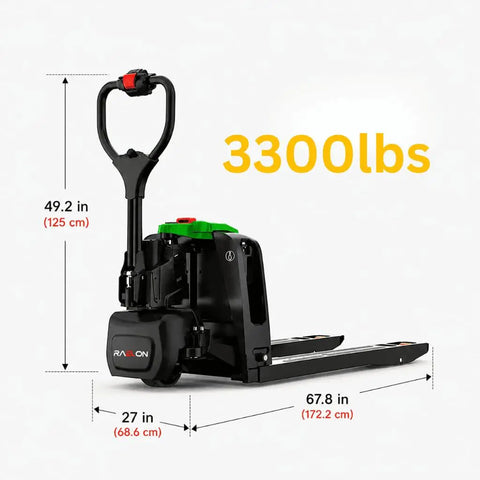 Raelon F4 Electric Pallet Jack With 3300 Lb Capacity And Quick Swap Lithium Battery For Warehouse Forklift Jobs, Compact Green Truck dimensions and capabilities.