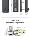 Next Level Smart Lock App Controlled Electronic Deadbolt Door Lock Offering No Stress Entry And Top Shelf Visitor Access For Reliable Daily Home Protection Black, showcasing dimensions and adjustable single latch.