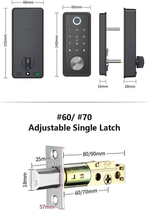 Next Level Smart Lock App Controlled Electronic Deadbolt Door Lock Offering No Stress Entry And Top Shelf Visitor Access For Reliable Daily Home Protection Black, showcasing dimensions and adjustable single latch.
