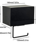 Sleek Matte Black Toilet Paper Holder With Shelf And Drawer Wall Mount Dispenser dimensions labeled in inches and millimeters.