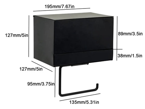 Sleek Matte Black Toilet Paper Holder With Shelf And Drawer Wall Mount Dispenser dimensions labeled in inches and millimeters.