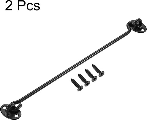 Cabin Hook and Snap Latch for Gate Revolving Door Window 201 with Screws, 2 black metal hooks with mounting screws.