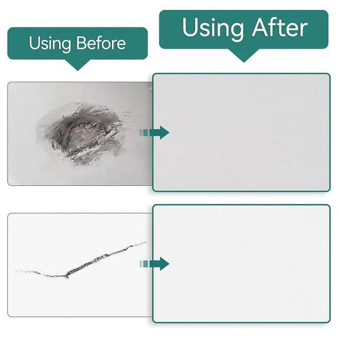 Before and after image of wall repair using Eight Piece Aluminum Fiber Mesh Spackle Patch Kit For Drywall Repair Quick And Easy Wall Hole Fix DIY Friendly Includes 2, 4, 6, And 8 Inch Patches Durable Home Improvement Repair Solution.
